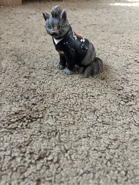 Gray Cat Figurine in Black Biker Jacket
